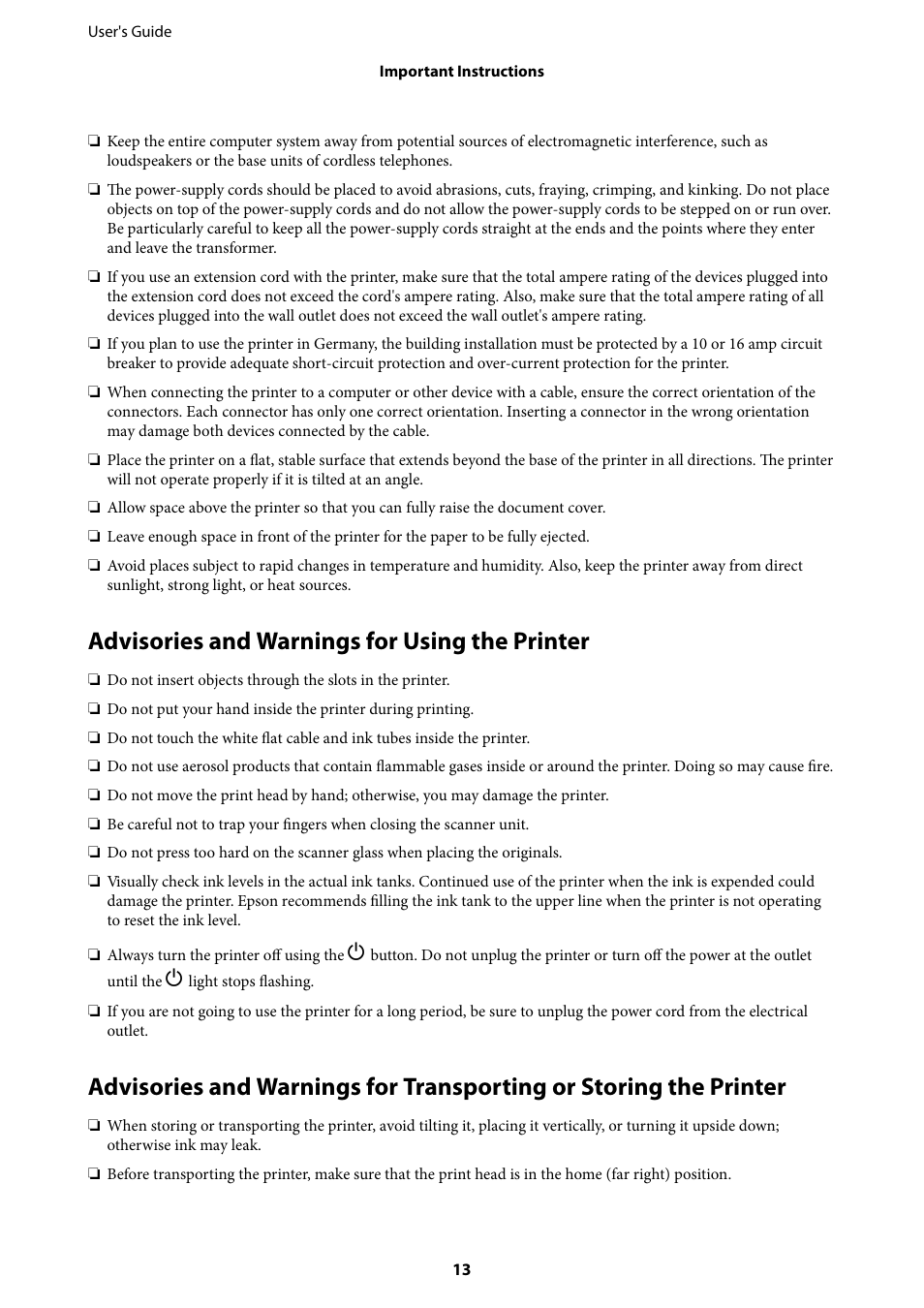 Advisories and warnings for using the printer | Epson L1455 User Manual | Page 13 / 233