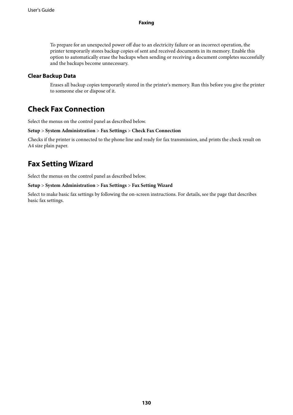 Check fax connection, Fax setting wizard, Check fax connection fax setting wizard | Epson L1455 User Manual | Page 130 / 233