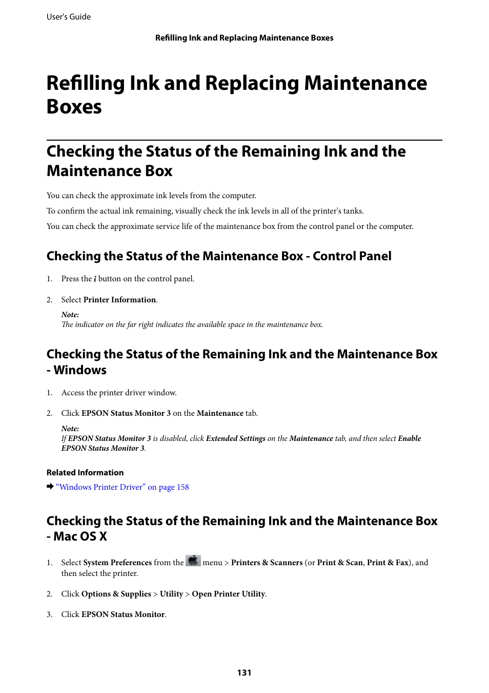 Refilling ink and replacing maintenance boxes | Epson L1455 User Manual | Page 131 / 233