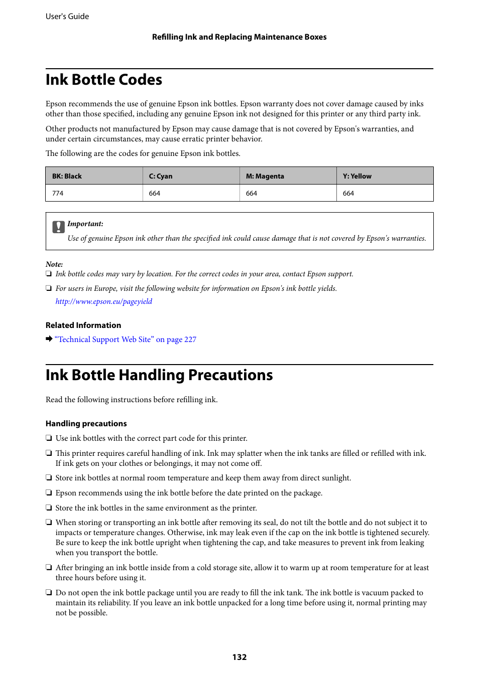 Ink bottle codes, Ink bottle handling precautions | Epson L1455 User Manual | Page 132 / 233