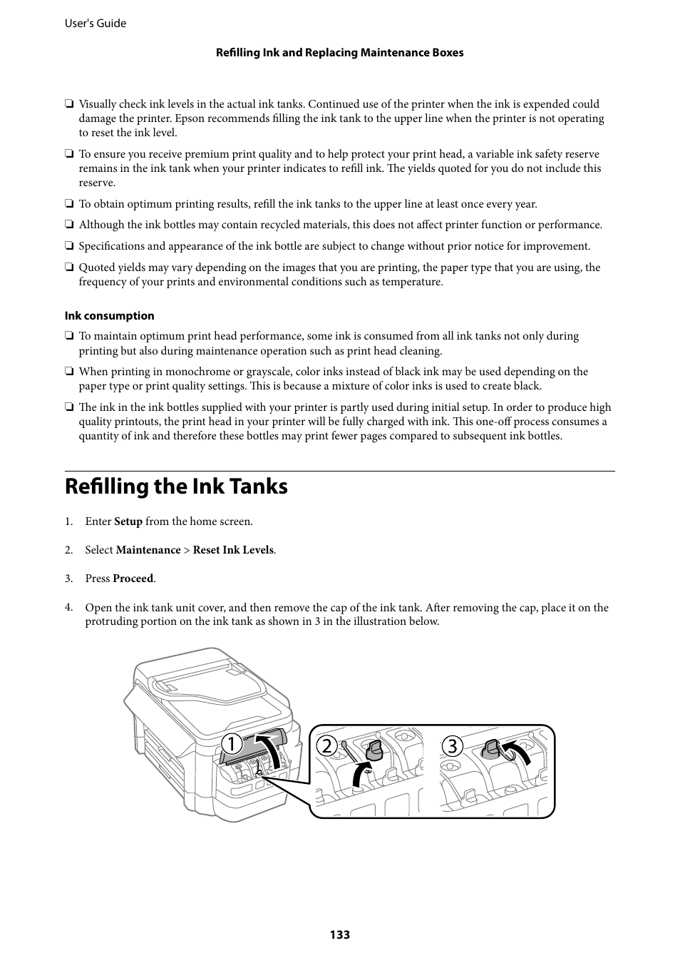 Refilling the ink tanks | Epson L1455 User Manual | Page 133 / 233