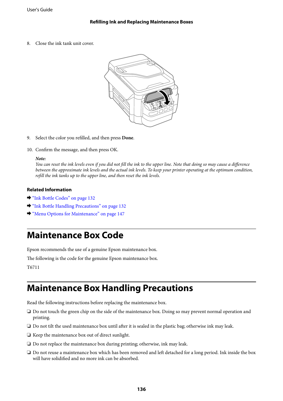 Maintenance box code, Maintenance box handling precautions | Epson L1455 User Manual | Page 136 / 233