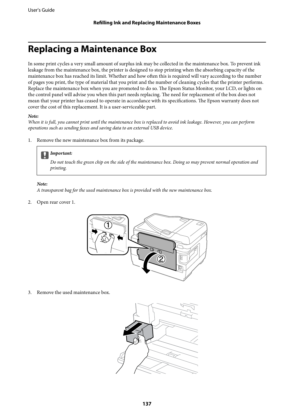 Replacing a maintenance box | Epson L1455 User Manual | Page 137 / 233