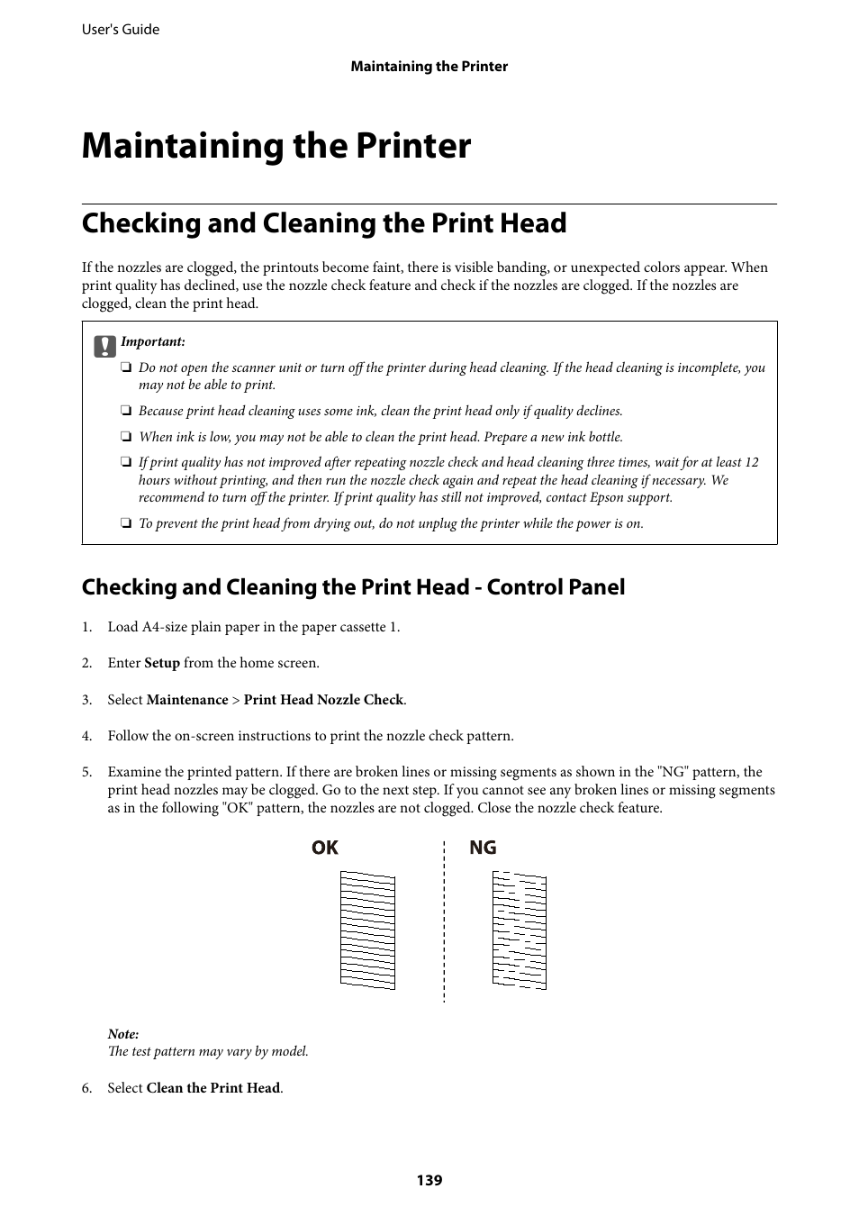 Maintaining the printer, Checking and cleaning the print head | Epson L1455 User Manual | Page 139 / 233