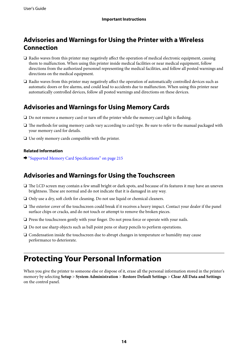 Advisories and warnings for using memory cards, Advisories and warnings for using the touchscreen, Protecting your personal information | Epson L1455 User Manual | Page 14 / 233