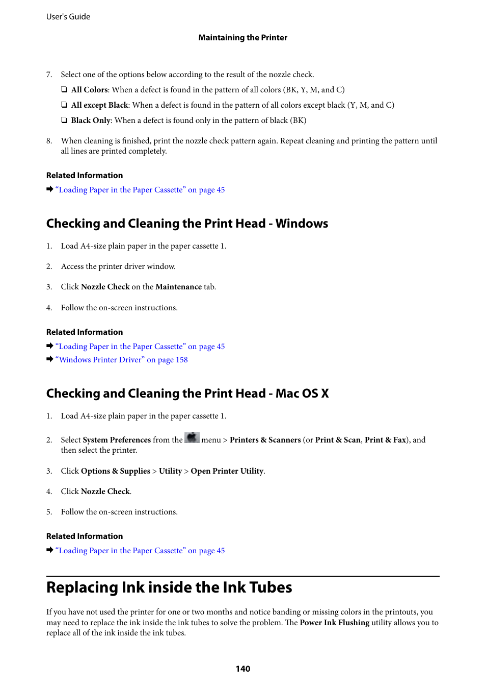 Checking and cleaning the print head - windows, Checking and cleaning the print head - mac os x, Replacing ink inside the ink tubes | Epson L1455 User Manual | Page 140 / 233