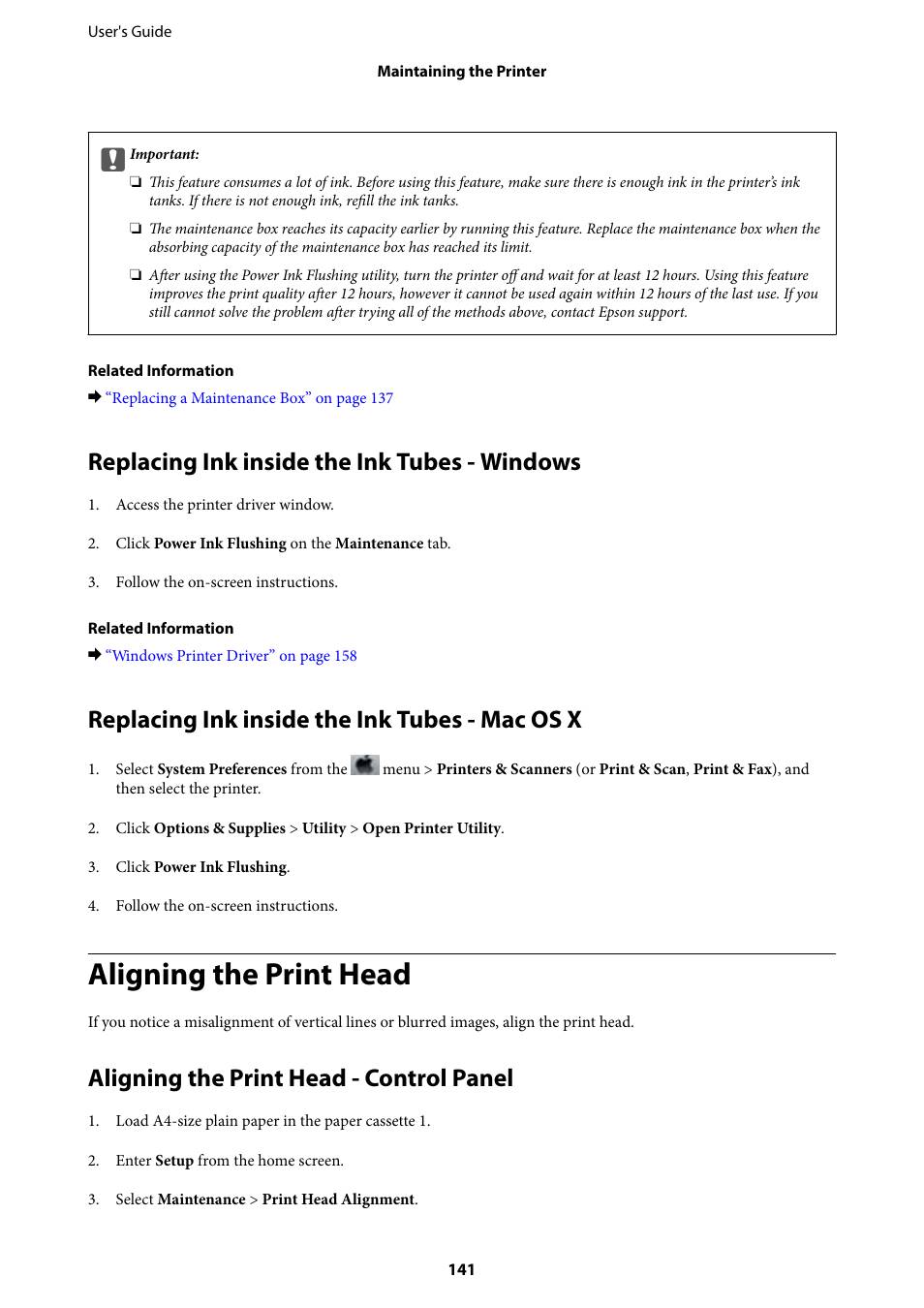 Replacing ink inside the ink tubes - windows, Replacing ink inside the ink tubes - mac os x, Aligning the print head | Aligning the print head - control panel | Epson L1455 User Manual | Page 141 / 233