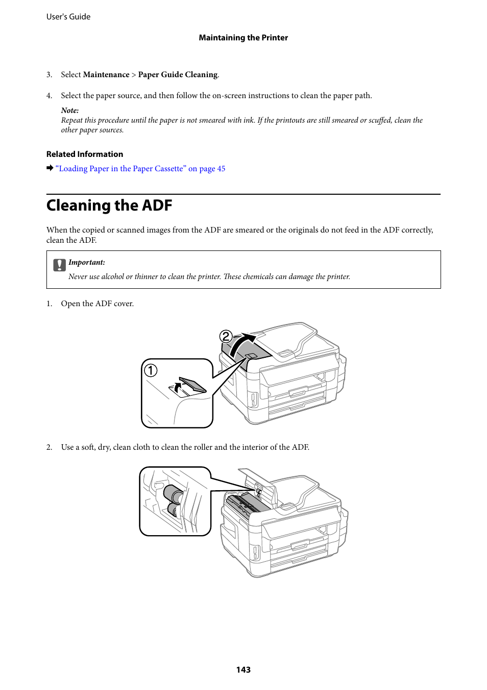 Cleaning the adf | Epson L1455 User Manual | Page 143 / 233