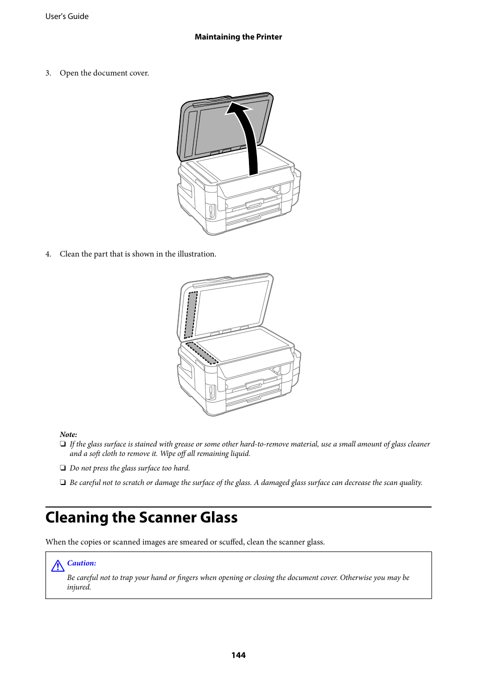 Cleaning the scanner glass | Epson L1455 User Manual | Page 144 / 233