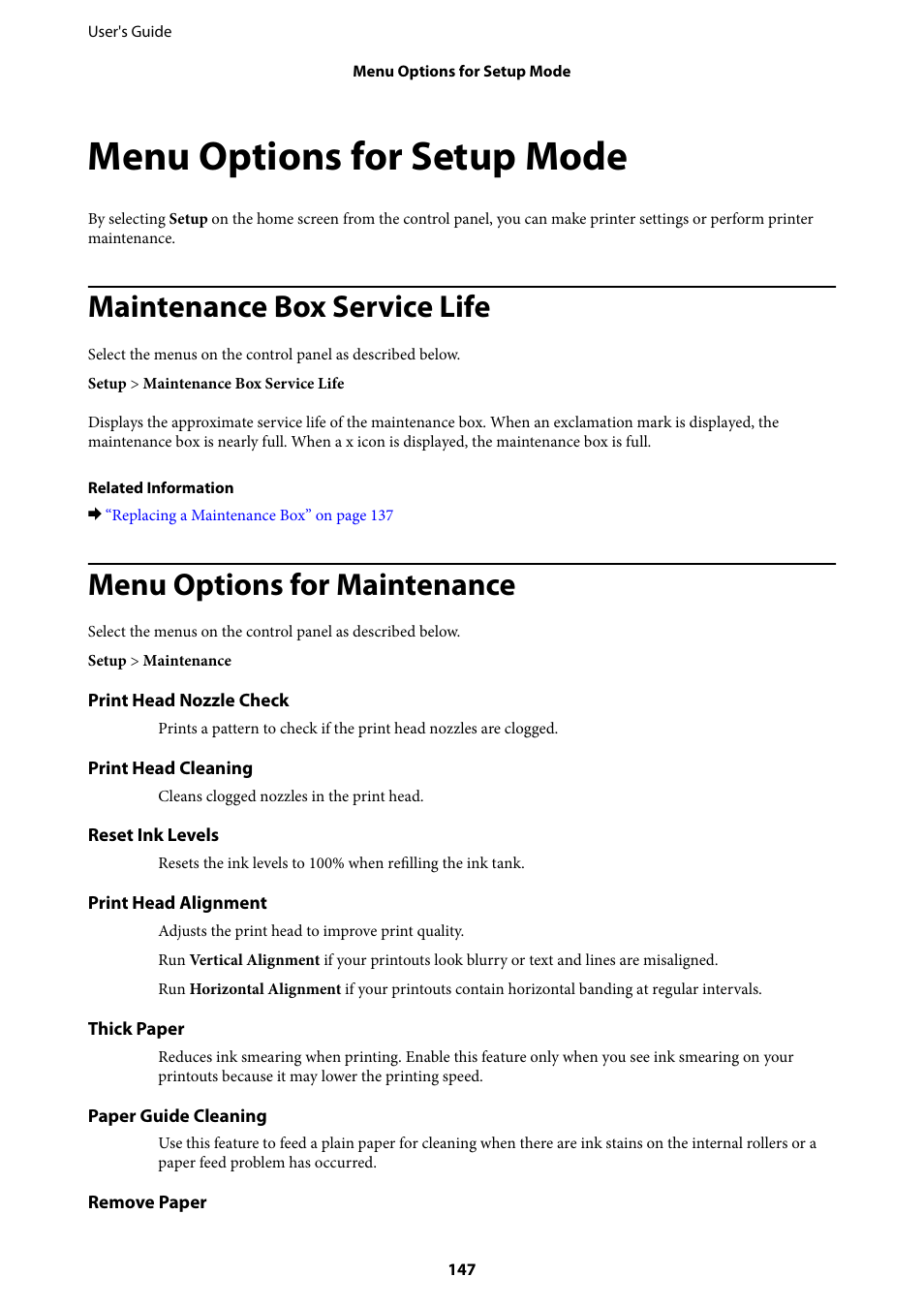 Menu options for setup mode, Maintenance box service life, Menu options for maintenance | Epson L1455 User Manual | Page 147 / 233