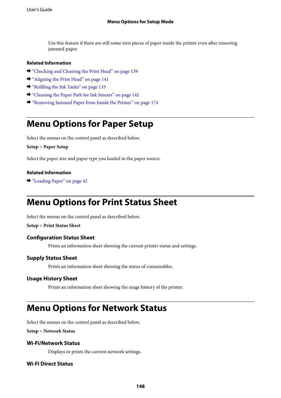 Menu options for paper setup, Menu options for print status sheet, Menu options for network status | Epson L1455 User Manual | Page 148 / 233