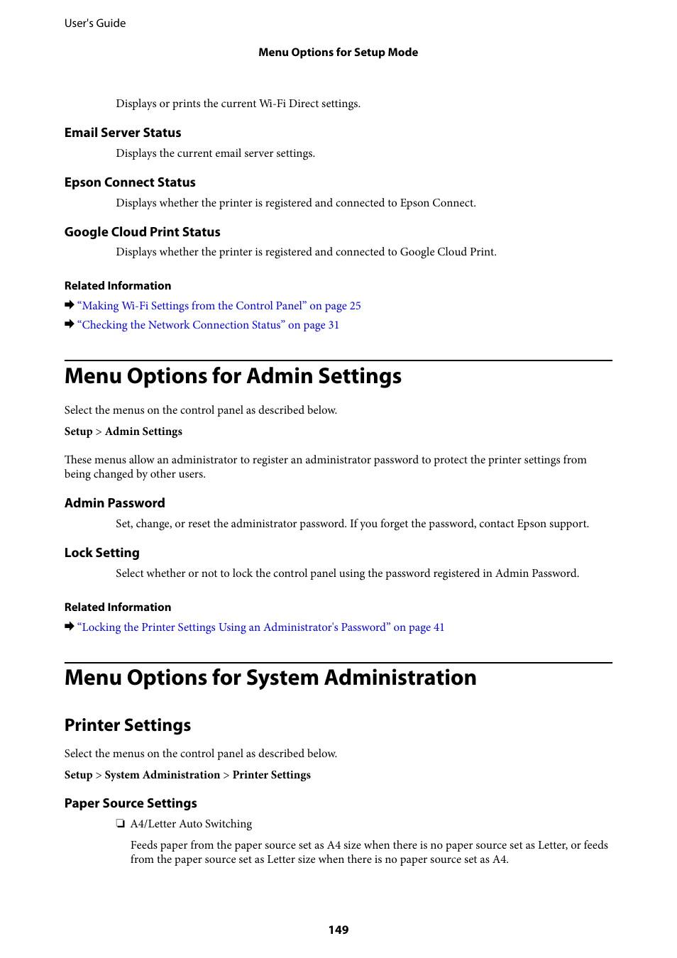 Menu options for admin settings, Menu options for system administration, Printer settings | Epson L1455 User Manual | Page 149 / 233