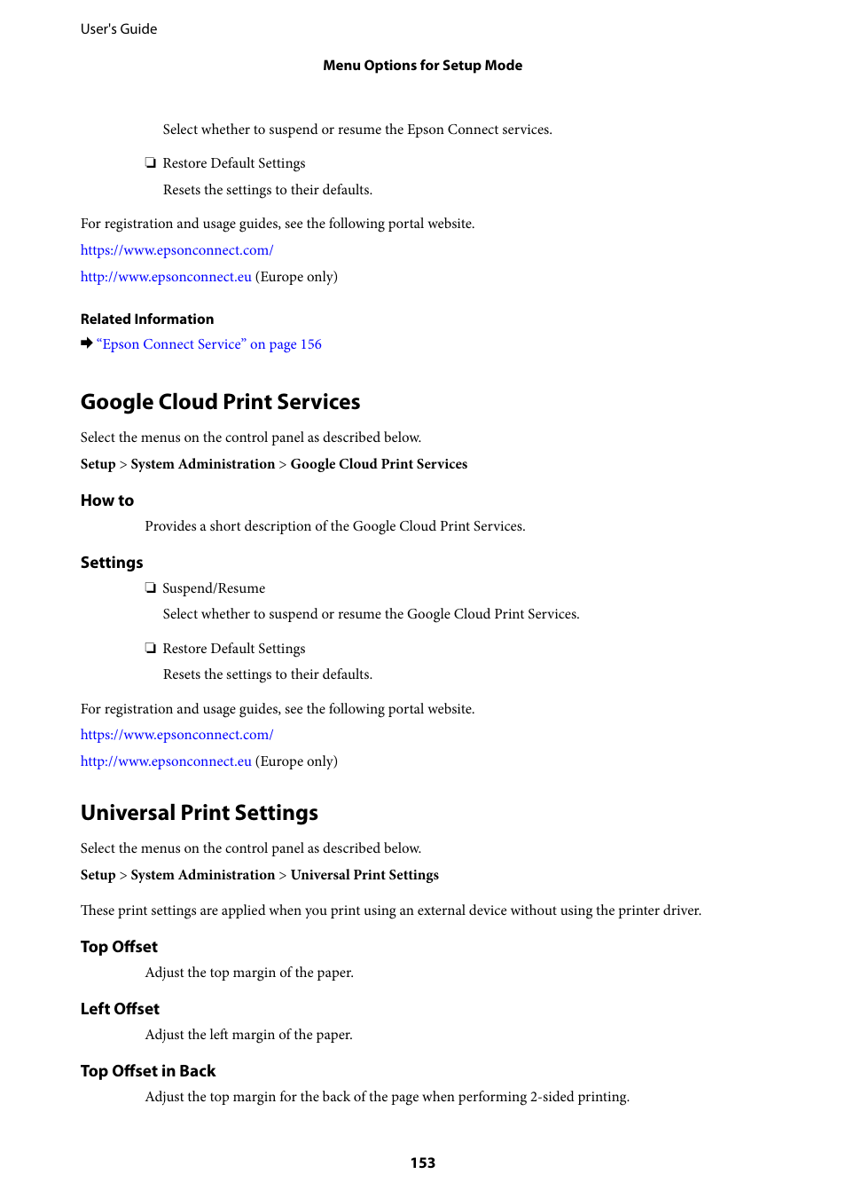 Google cloud print services, Universal print settings | Epson L1455 User Manual | Page 153 / 233