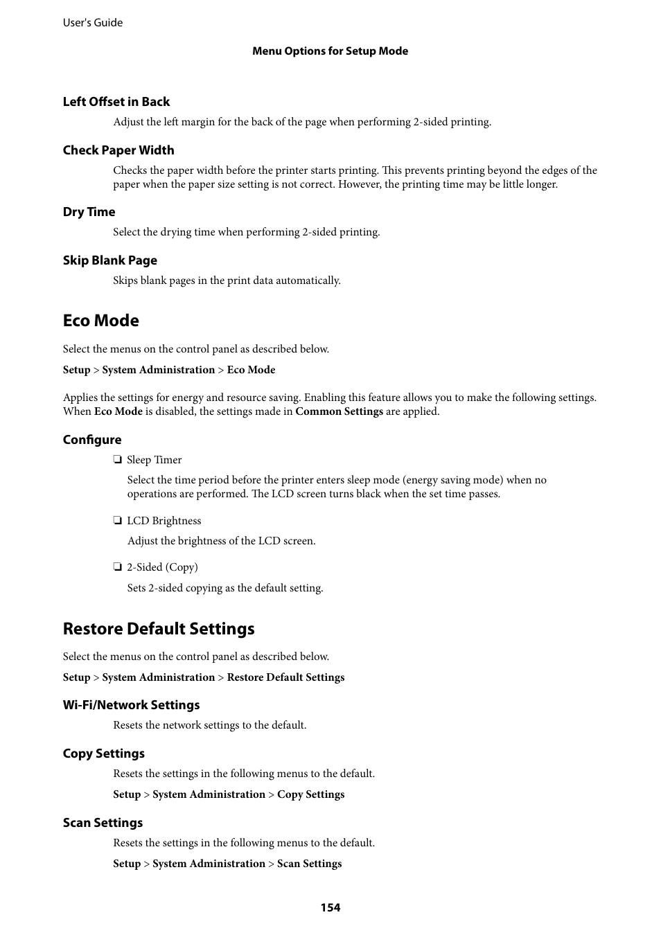 Eco mode, Restore default settings, Eco mode restore default settings | Epson L1455 User Manual | Page 154 / 233