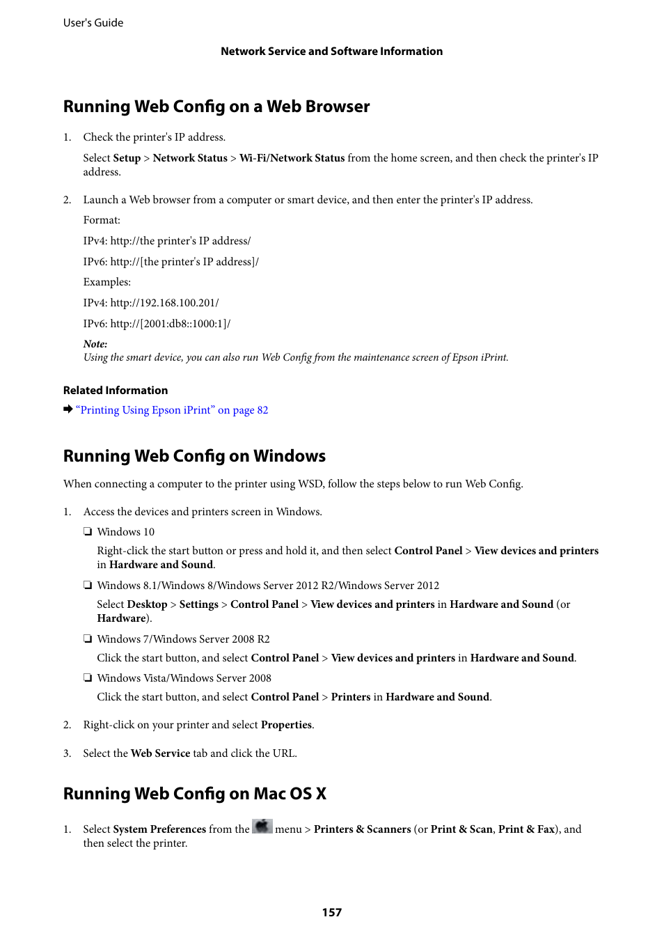 Running web config on a web browser, Running web config on windows, Running web config on mac os x | Epson L1455 User Manual | Page 157 / 233