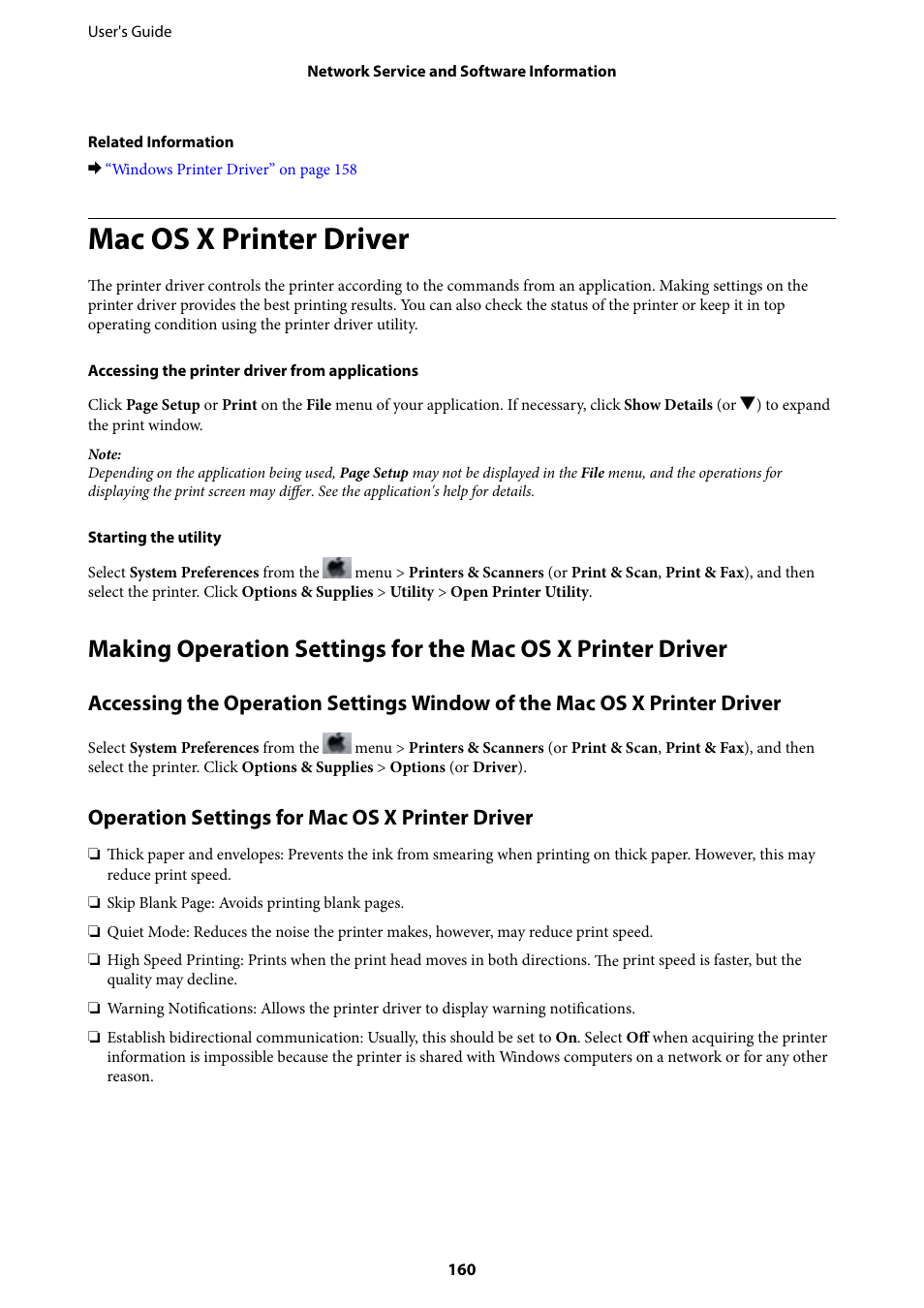 Mac os x printer driver, Operation settings for mac os x printer driver | Epson L1455 User Manual | Page 160 / 233