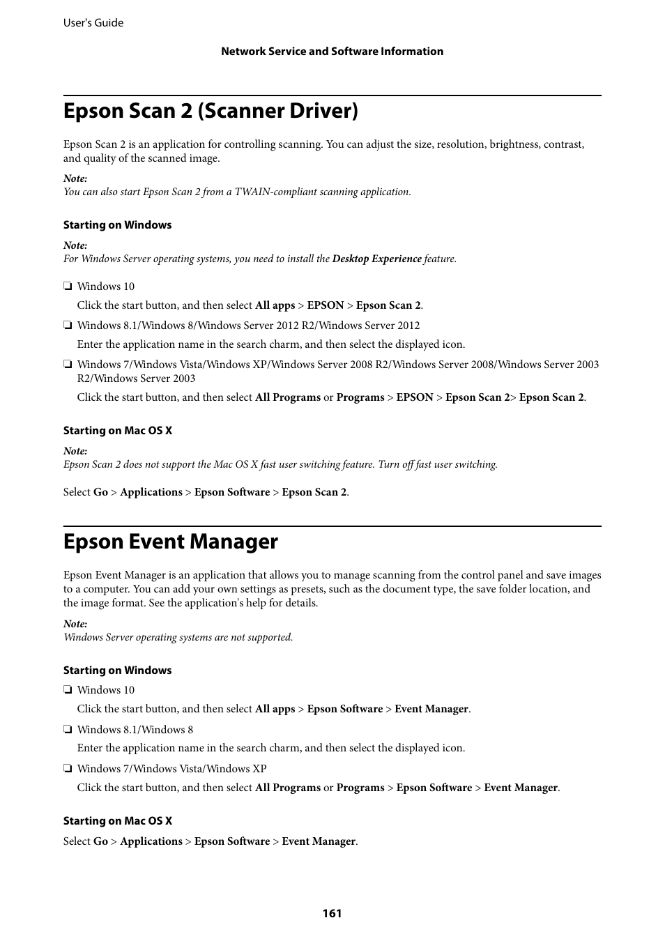 Epson scan 2 (scanner driver), Epson event manager | Epson L1455 User Manual | Page 161 / 233