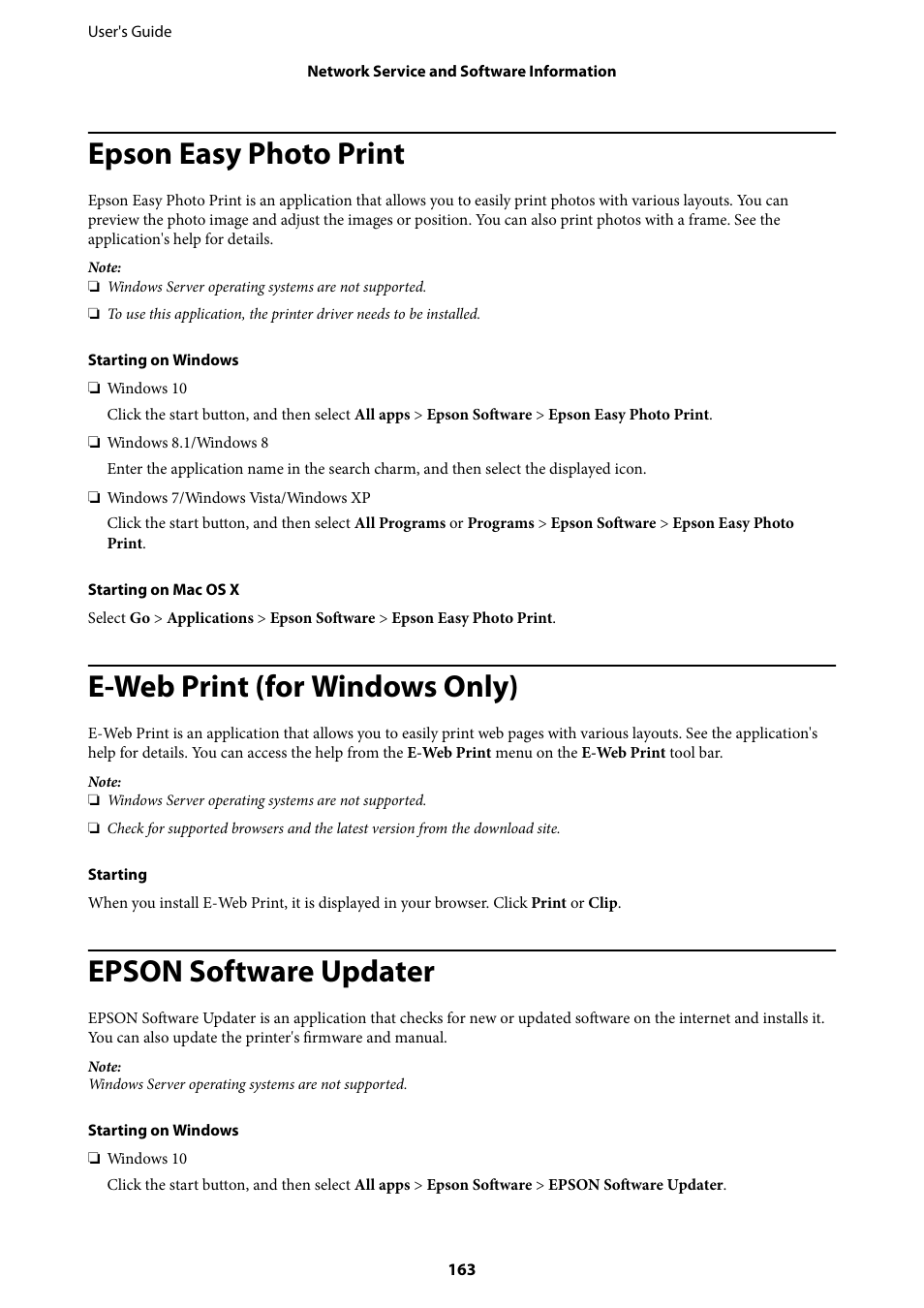 Epson easy photo print, E-web print (for windows only), Epson software updater | Epson L1455 User Manual | Page 163 / 233