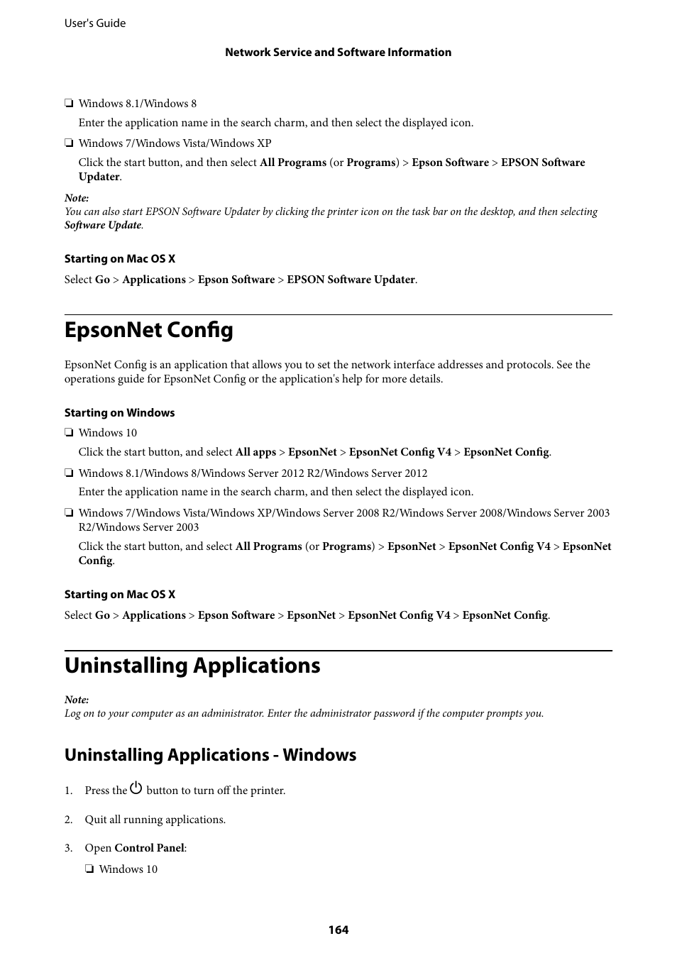 Epsonnet config, Uninstalling applications, Uninstalling applications - windows | Epson L1455 User Manual | Page 164 / 233