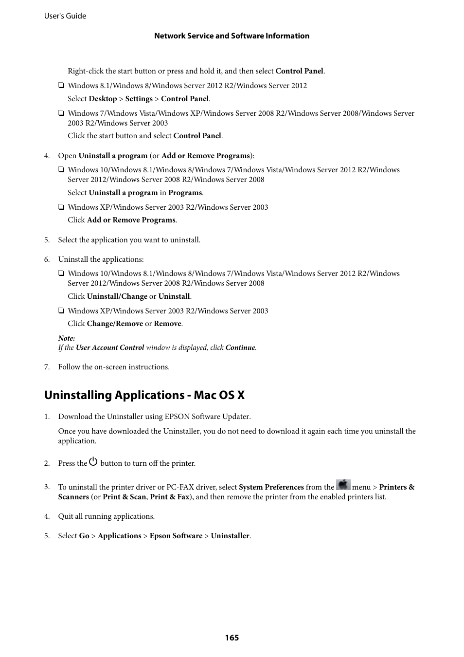 Uninstalling applications - mac os x | Epson L1455 User Manual | Page 165 / 233