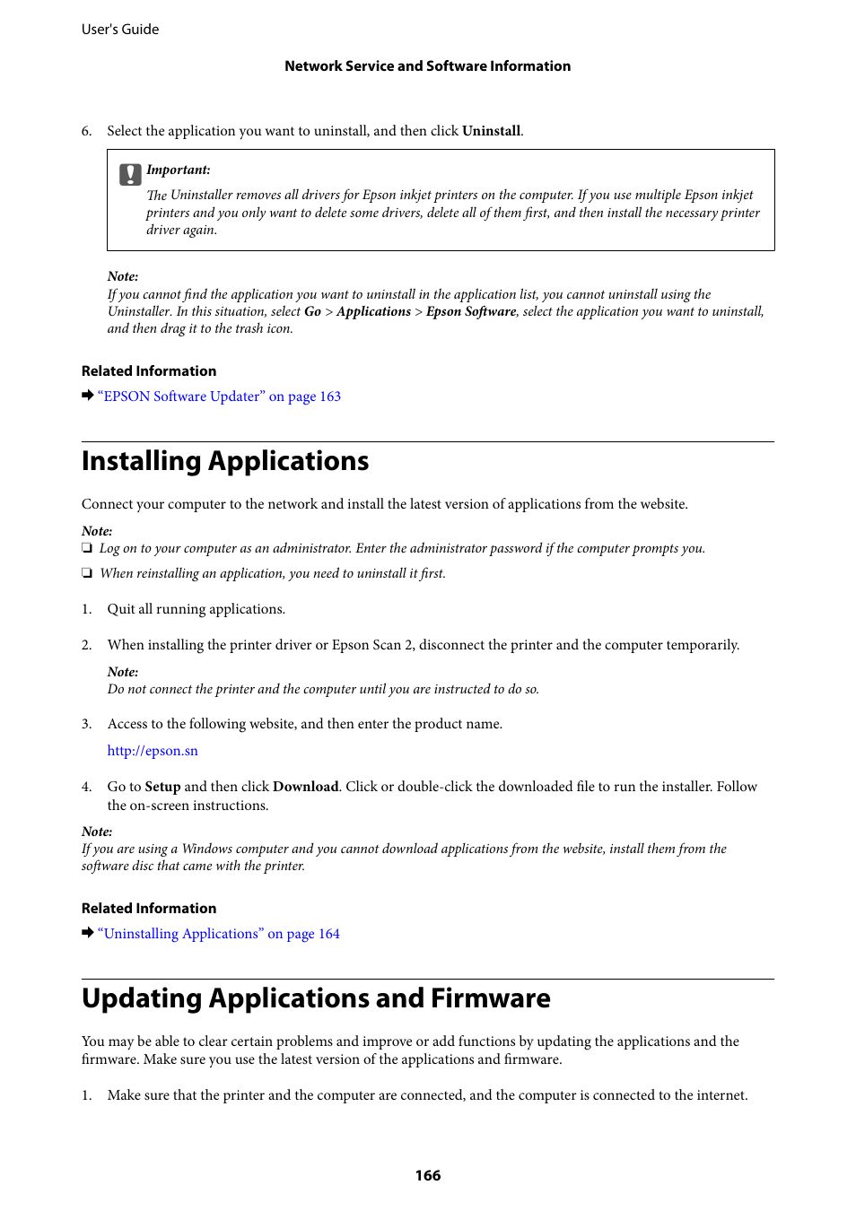 Installing applications, Updating applications and firmware | Epson L1455 User Manual | Page 166 / 233