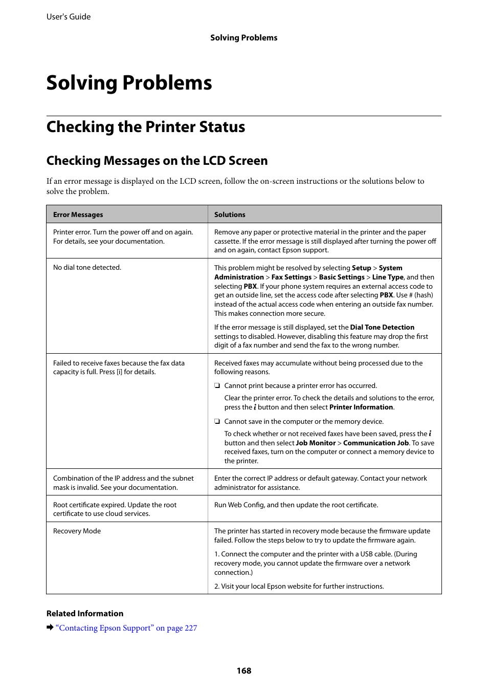 Solving problems, Checking the printer status, Checking messages on the lcd screen | Epson L1455 User Manual | Page 168 / 233