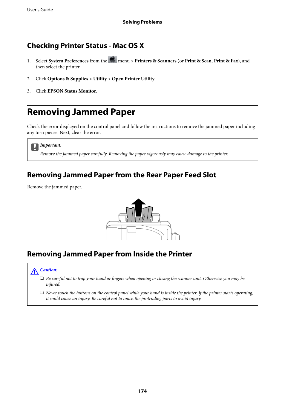 Checking printer status - mac os x, Removing jammed paper, Removing jammed paper from inside the printer | Epson L1455 User Manual | Page 174 / 233