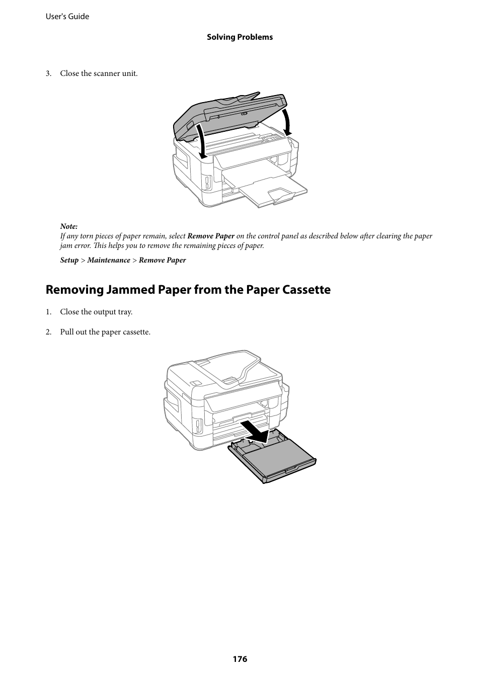 Removing jammed paper from the paper cassette | Epson L1455 User Manual | Page 176 / 233