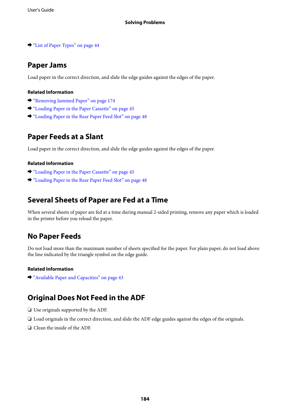 Paper jams, Paper feeds at a slant, Several sheets of paper are fed at a time | No paper feeds, Original does not feed in the adf | Epson L1455 User Manual | Page 184 / 233