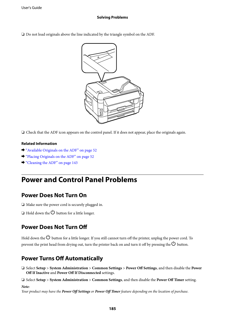 Power and control panel problems, Power does not turn on, Power does not turn off | Power turns off automatically | Epson L1455 User Manual | Page 185 / 233