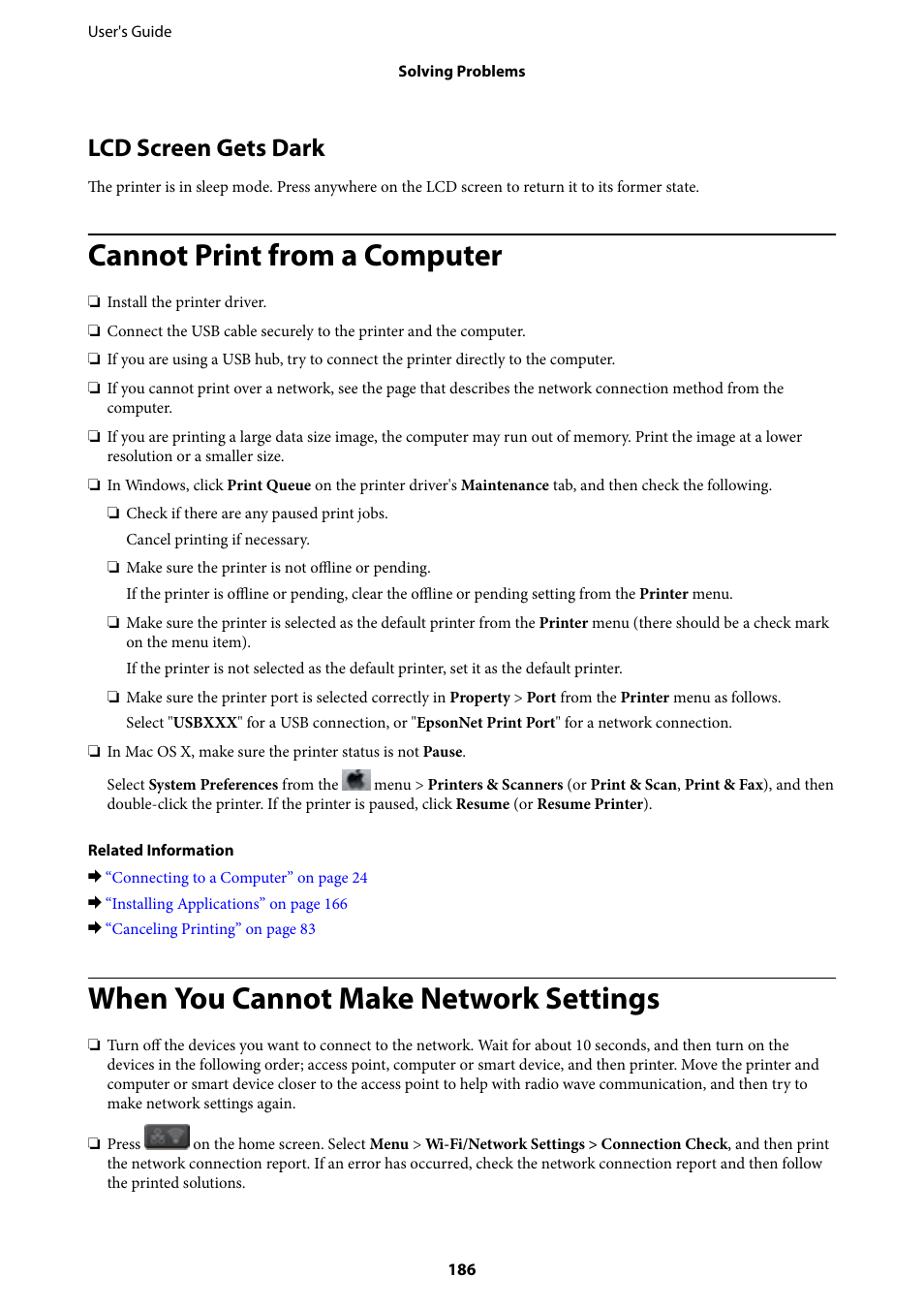 Lcd screen gets dark, Cannot print from a computer, When you cannot make network settings | Epson L1455 User Manual | Page 186 / 233