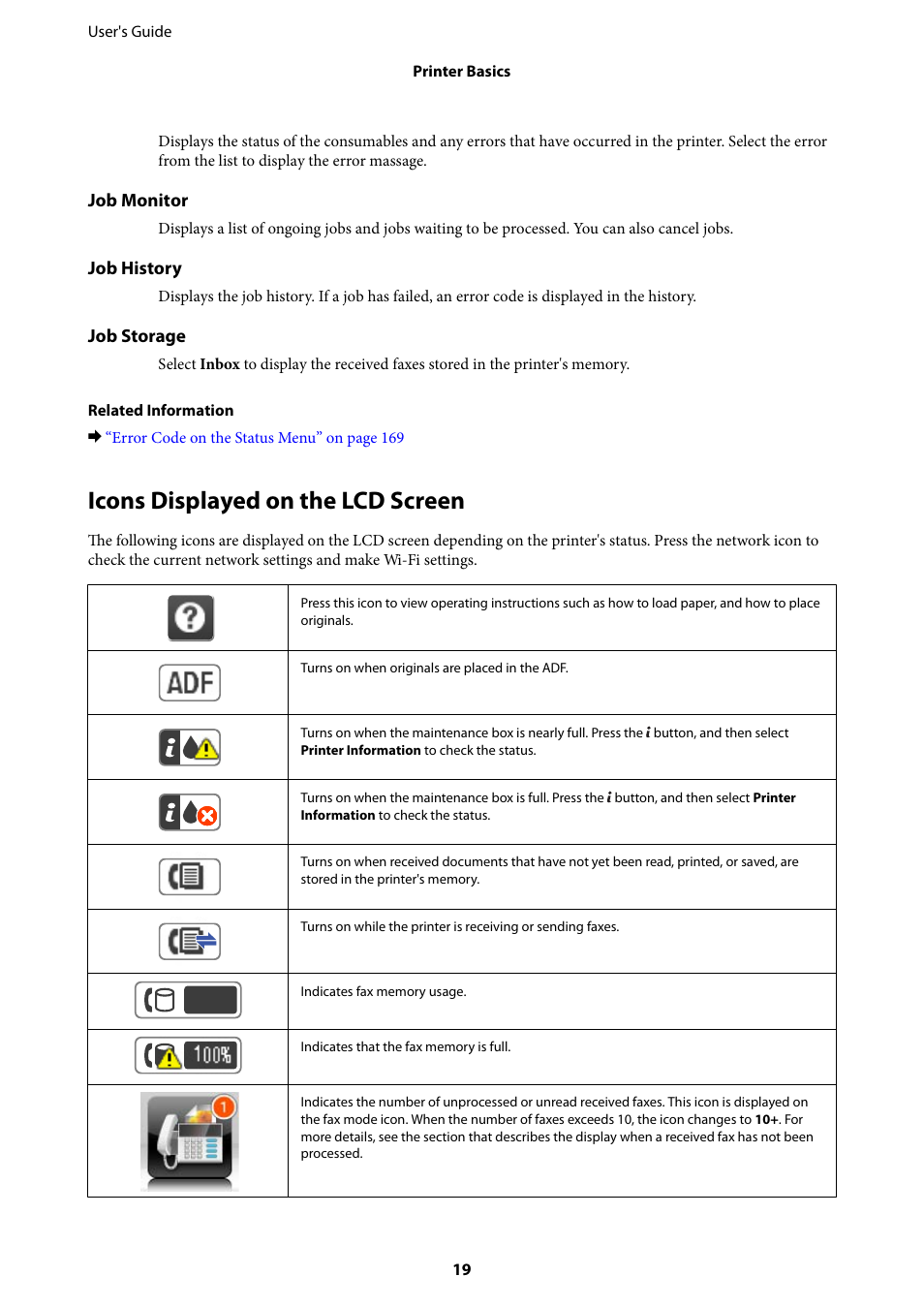 Icons displayed on the lcd screen | Epson L1455 User Manual | Page 19 / 233