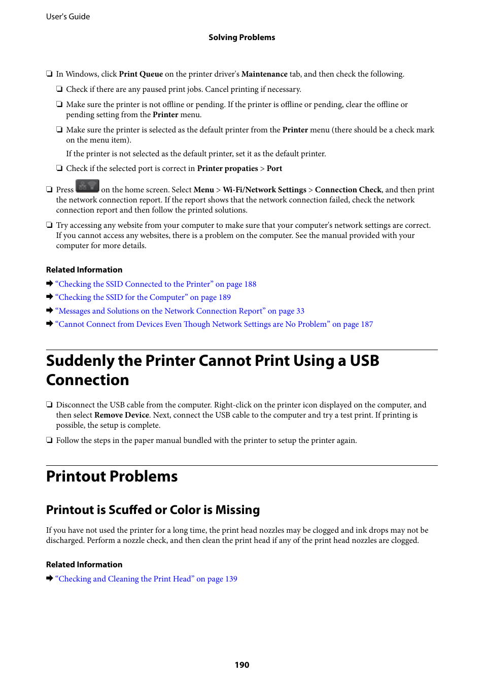 Printout problems, Printout is scuffed or color is missing | Epson L1455 User Manual | Page 190 / 233