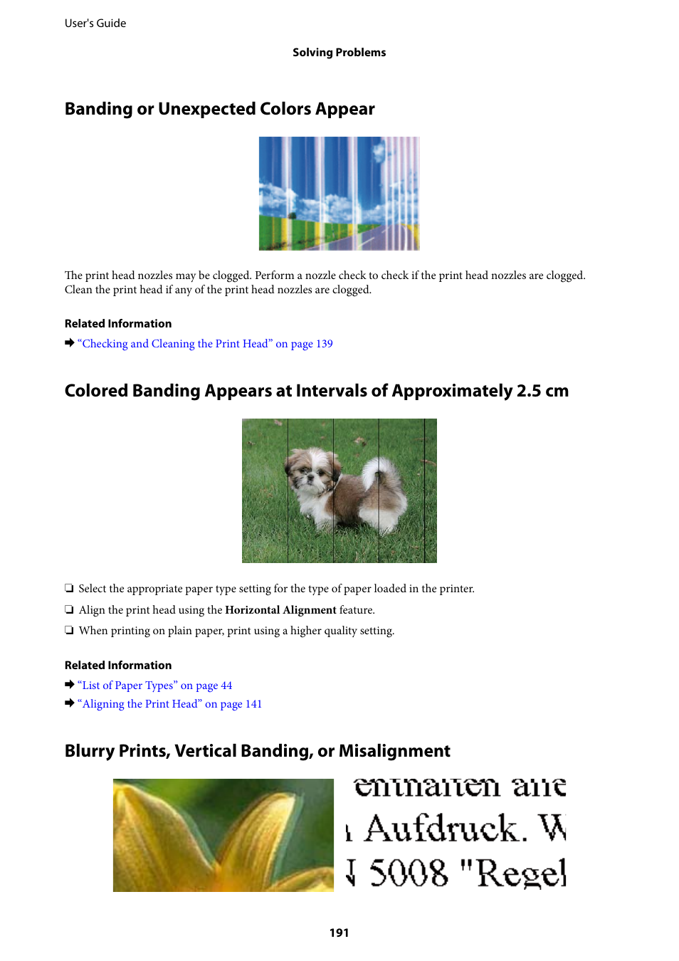 Banding or unexpected colors appear, Blurry prints, vertical banding, or misalignment | Epson L1455 User Manual | Page 191 / 233