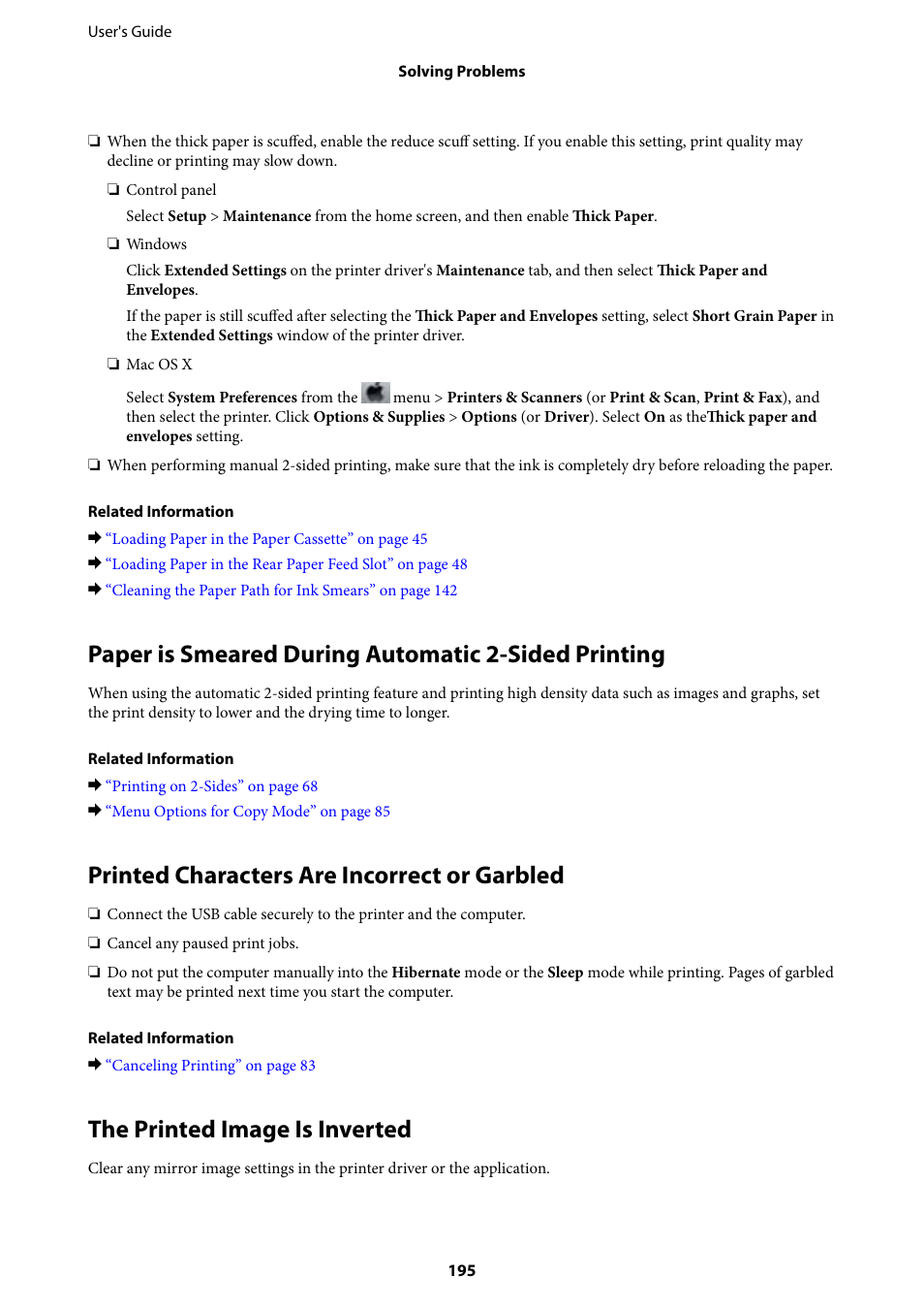 Paper is smeared during automatic 2-sided printing, Printed characters are incorrect or garbled, The printed image is inverted | Epson L1455 User Manual | Page 195 / 233