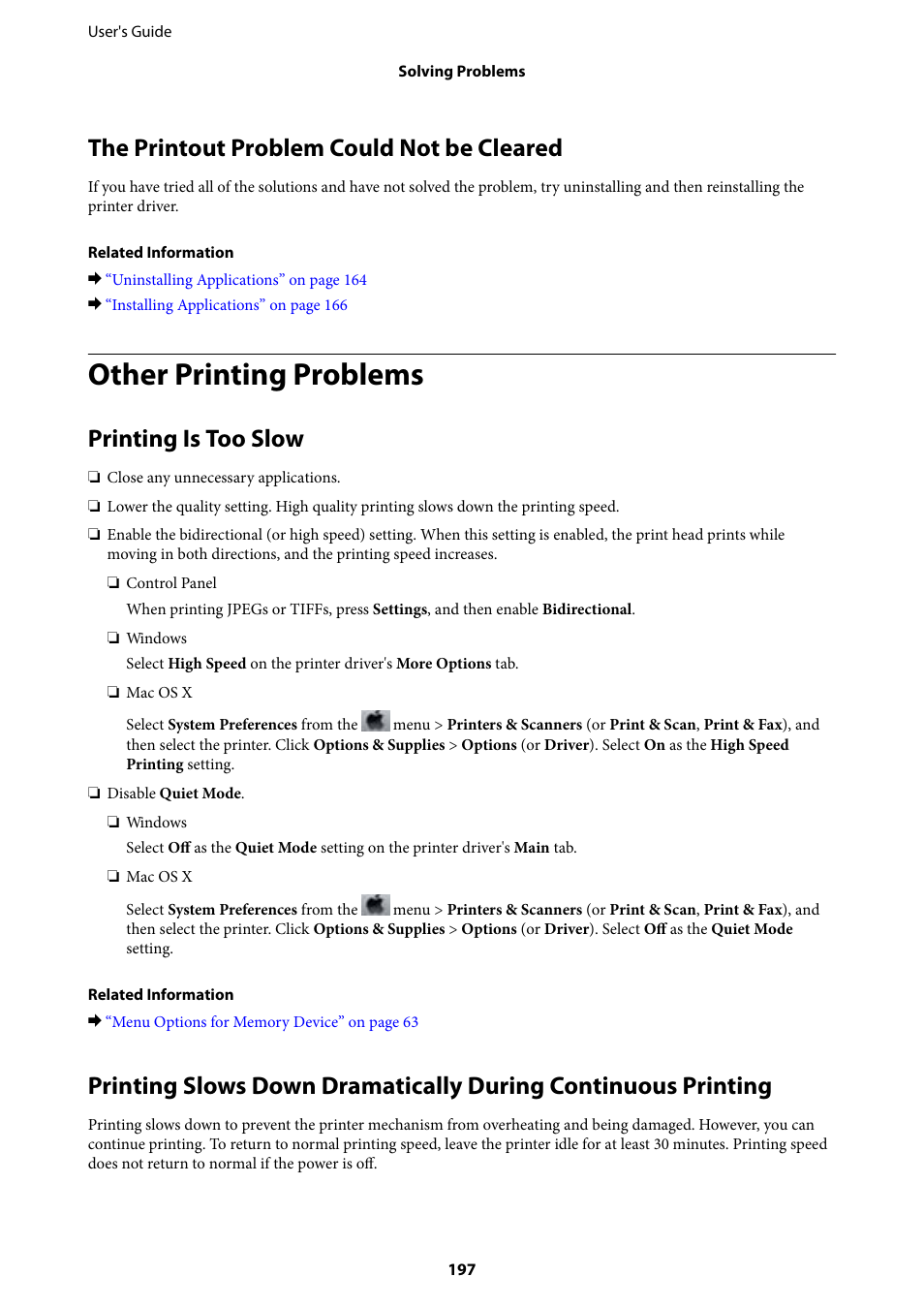 The printout problem could not be cleared, Other printing problems, Printing is too slow | Epson L1455 User Manual | Page 197 / 233