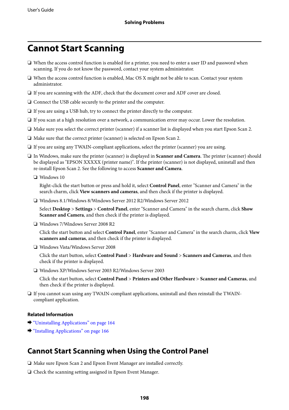 Cannot start scanning, Cannot start scanning when using the control panel | Epson L1455 User Manual | Page 198 / 233