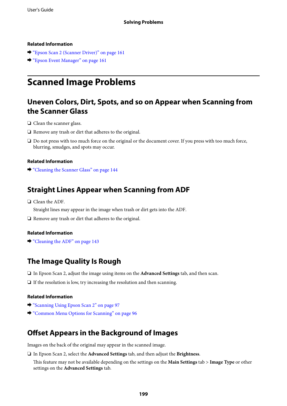 Scanned image problems, Straight lines appear when scanning from adf, The image quality is rough | Offset appears in the background of images | Epson L1455 User Manual | Page 199 / 233