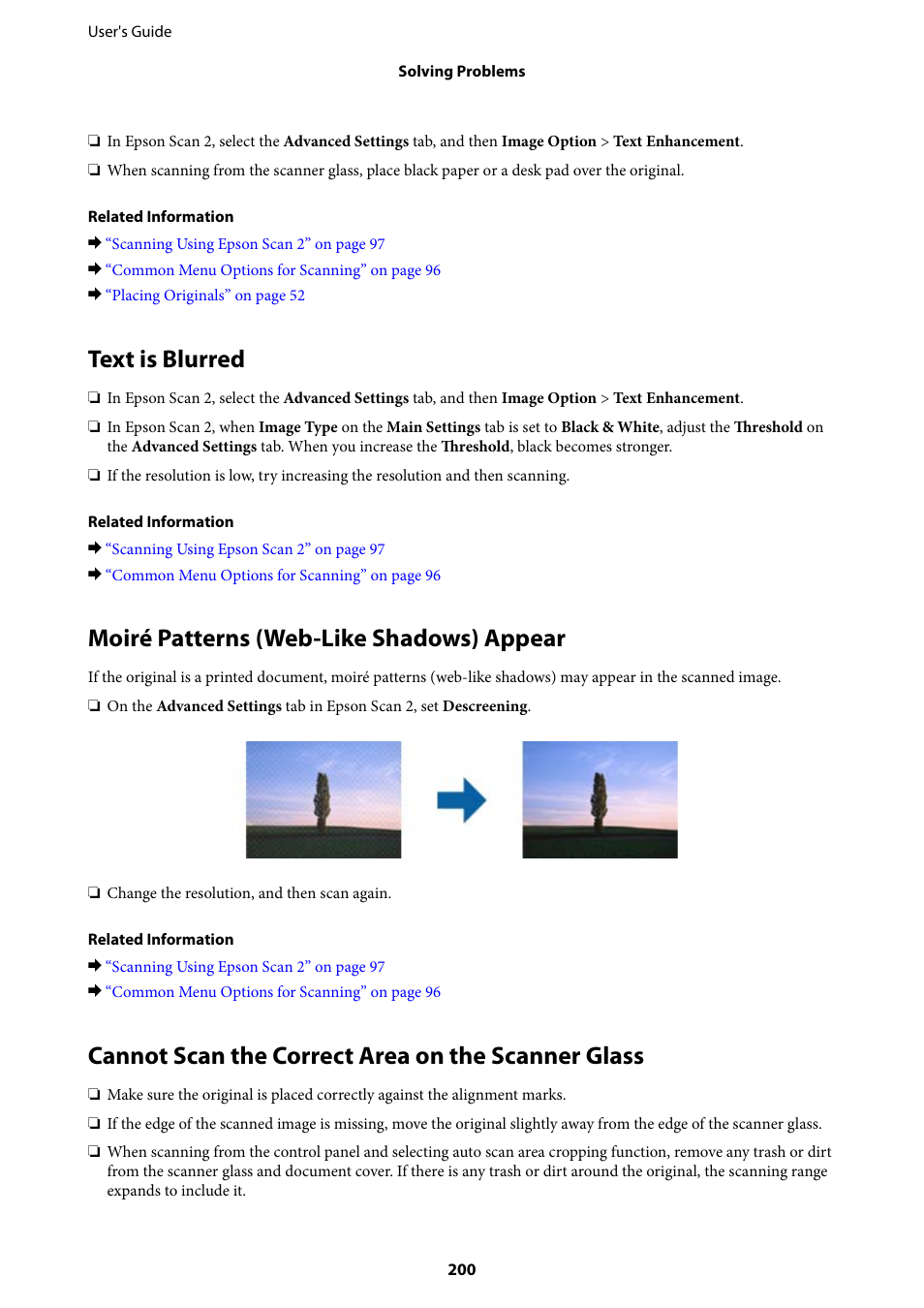 Text is blurred, Moiré patterns (web-like shadows) appear, Cannot scan the correct area on the scanner glass | Epson L1455 User Manual | Page 200 / 233