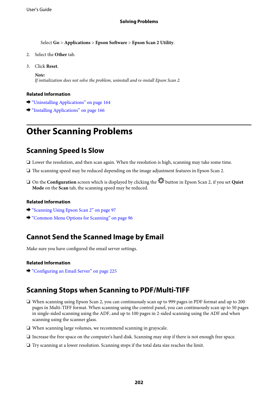 Other scanning problems, Scanning speed is slow, Cannot send the scanned image by email | Scanning stops when scanning to pdf/multi-tiff | Epson L1455 User Manual | Page 202 / 233