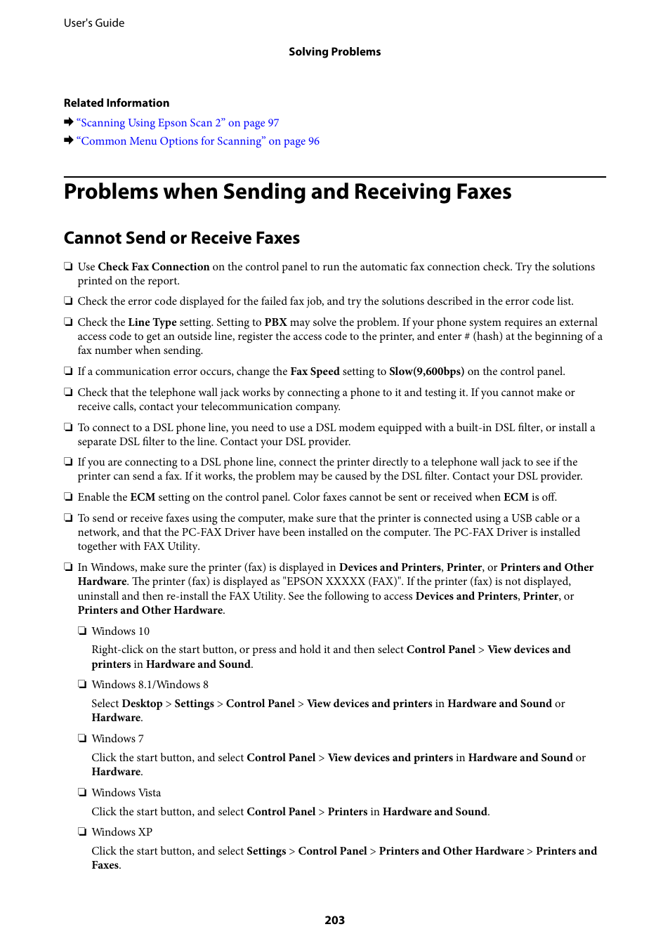 Problems when sending and receiving faxes, Cannot send or receive faxes | Epson L1455 User Manual | Page 203 / 233