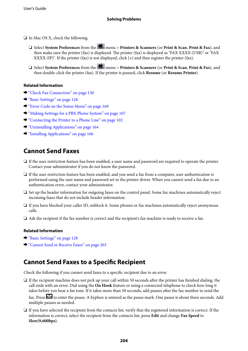 Cannot send faxes, Cannot send faxes to a specific recipient | Epson L1455 User Manual | Page 204 / 233