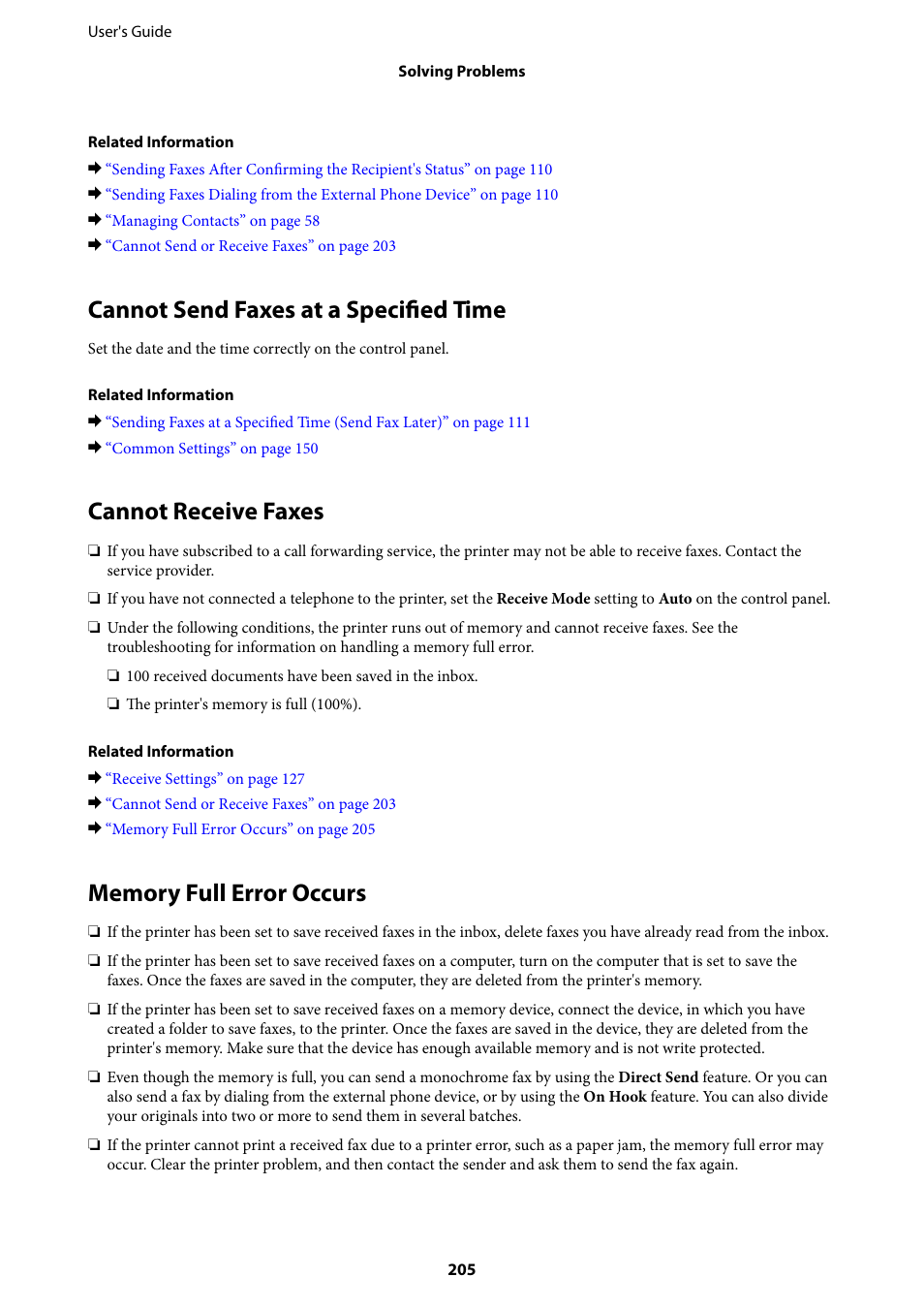 Cannot send faxes at a specified time, Cannot receive faxes, Memory full error occurs | Epson L1455 User Manual | Page 205 / 233