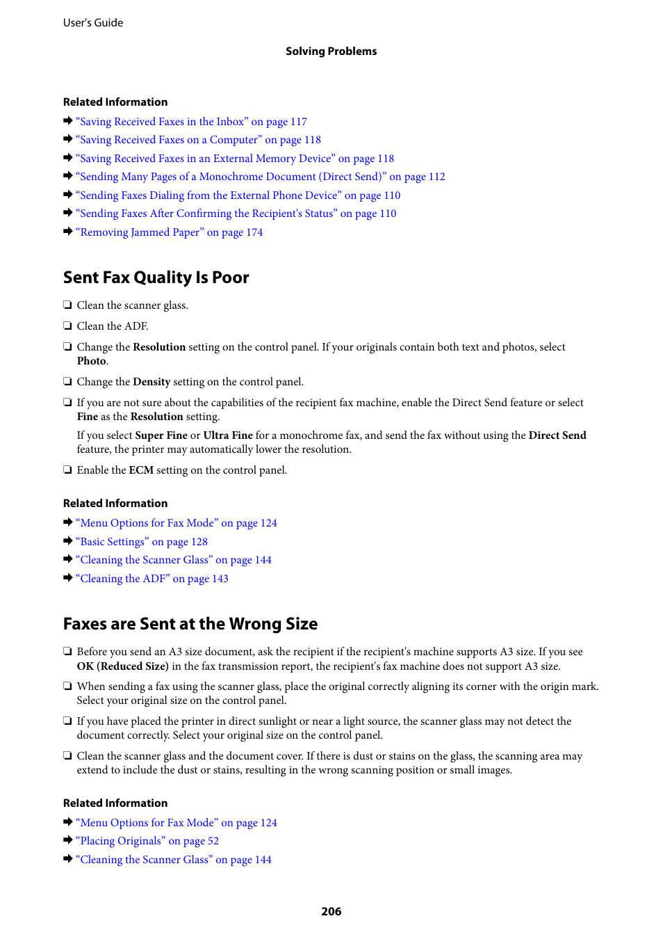 Sent fax quality is poor, Faxes are sent at the wrong size | Epson L1455 User Manual | Page 206 / 233