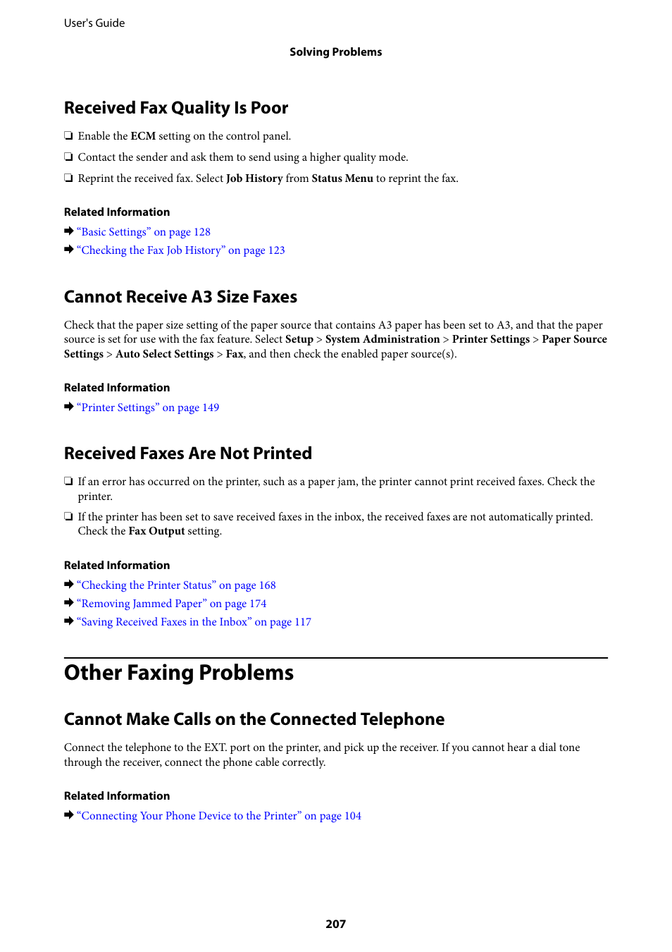 Received fax quality is poor, Cannot receive a3 size faxes, Received faxes are not printed | Other faxing problems, Cannot make calls on the connected telephone | Epson L1455 User Manual | Page 207 / 233