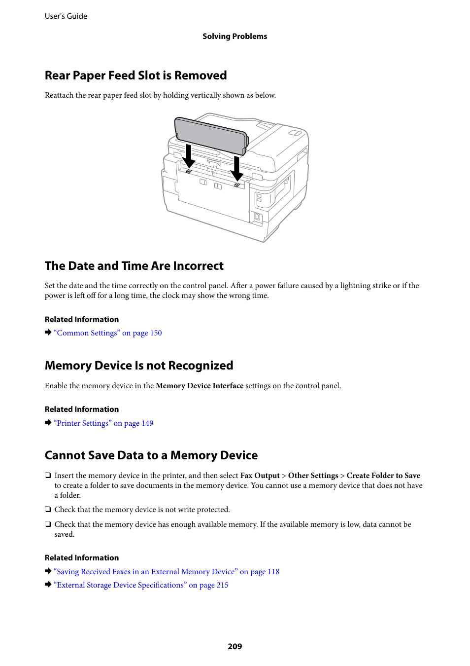 Rear paper feed slot is removed, The date and time are incorrect, Memory device is not recognized | Cannot save data to a memory device | Epson L1455 User Manual | Page 209 / 233