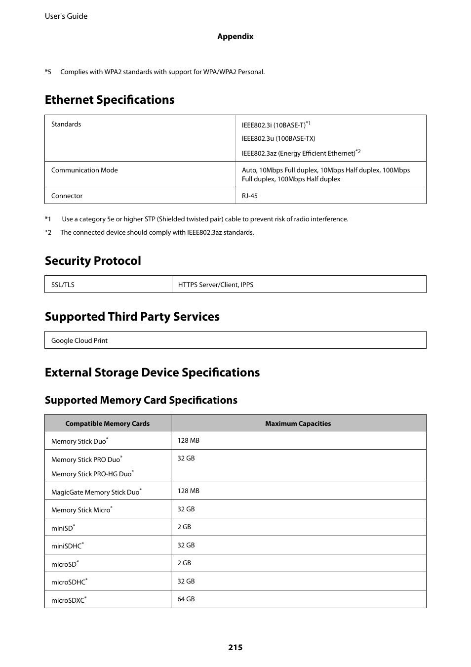 Ethernet specifications, Security protocol, Supported third party services | External storage device specifications | Epson L1455 User Manual | Page 215 / 233