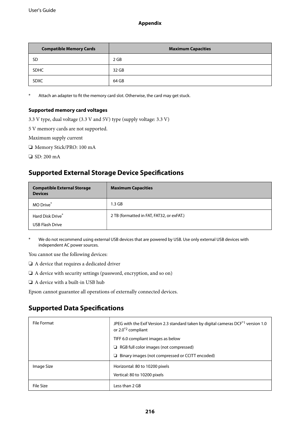 Supported external storage device specifications, Supported data specifications | Epson L1455 User Manual | Page 216 / 233