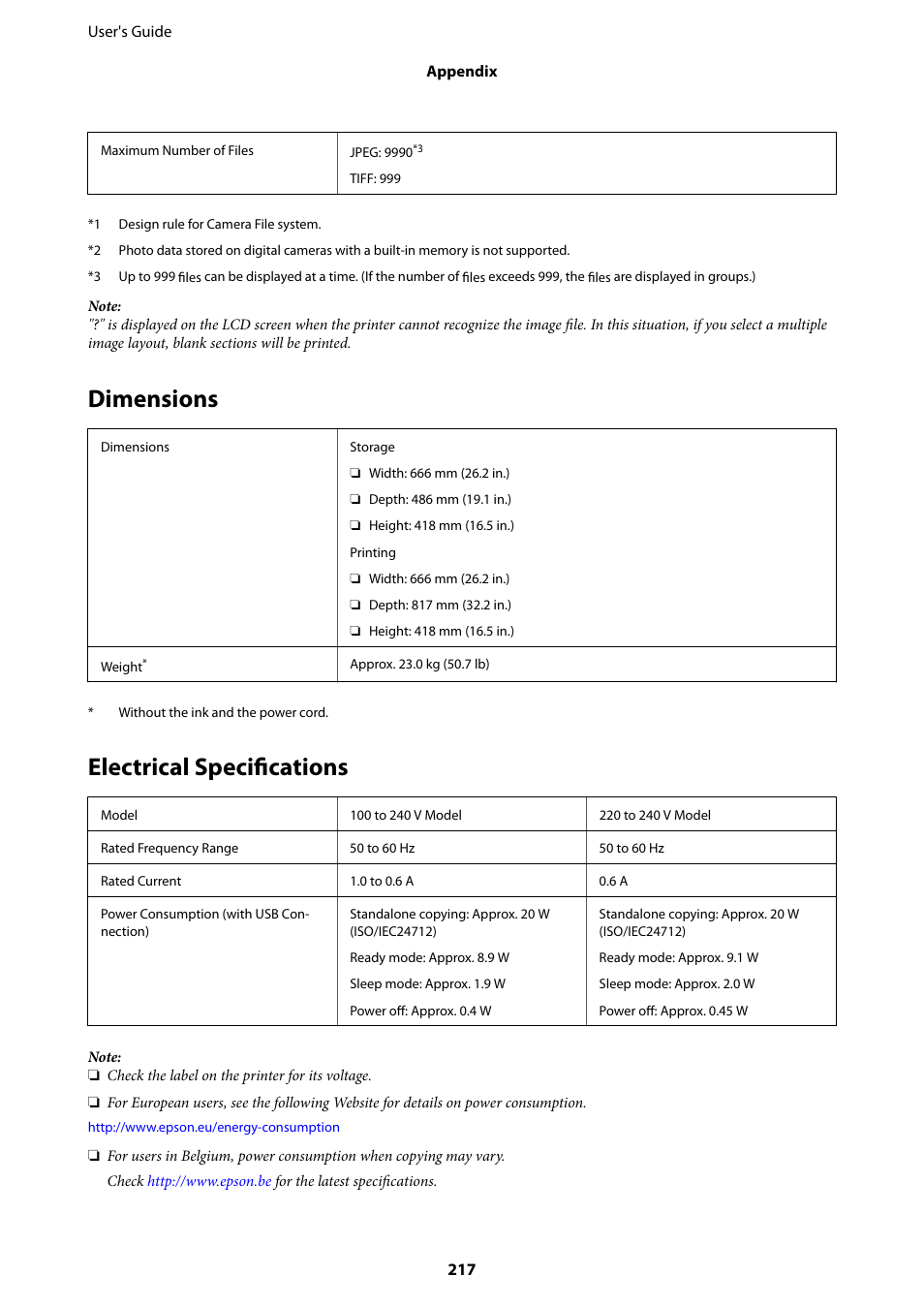 Dimensions, Electrical specifications, Dimensions electrical specifications | Epson L1455 User Manual | Page 217 / 233