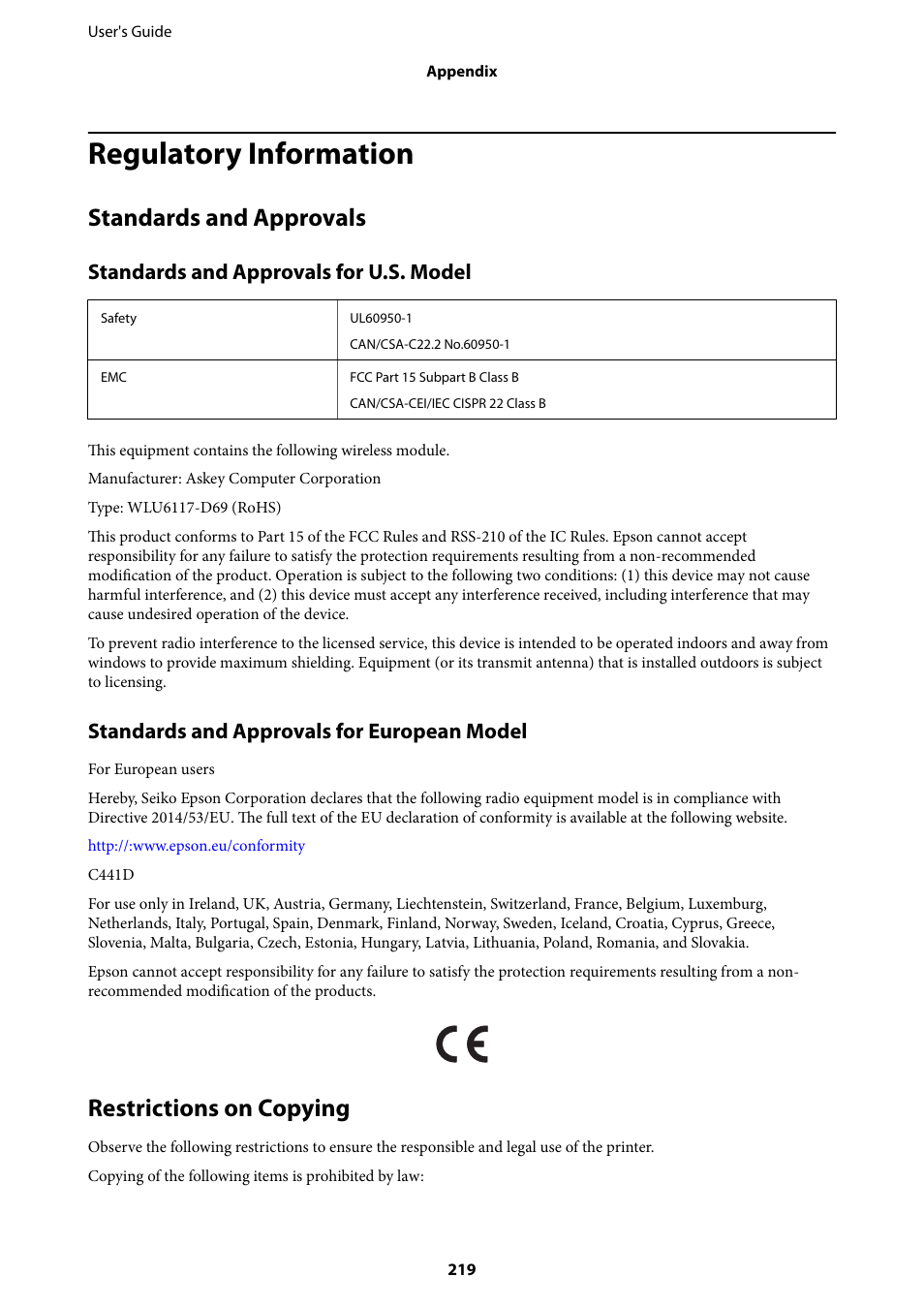 Regulatory information, Standards and approvals, Restrictions on copying | Standards and approvals restrictions on copying, Standards and approvals for u.s. model, Standards and approvals for european model | Epson L1455 User Manual | Page 219 / 233